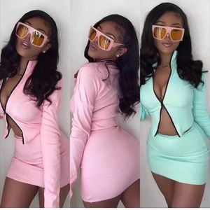 Pink & Blue Long Sleeve Skirt Set